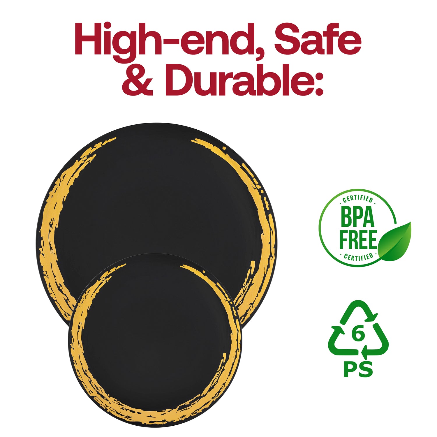 Black with Gold Moonlight Round Disposable Plastic Dinner Plates (10.25") BPA | The Kaya Collection