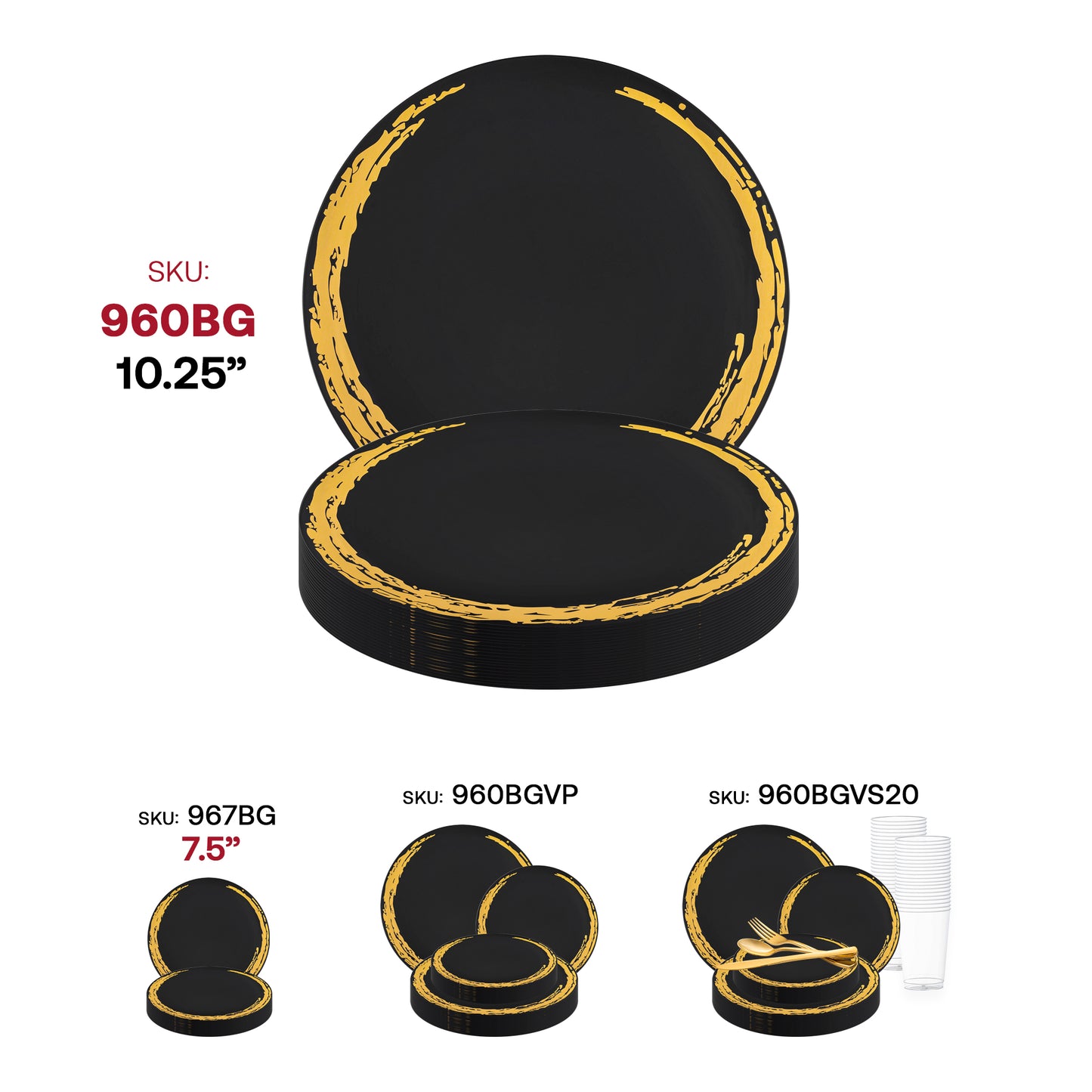Black with Gold Moonlight Round Disposable Plastic Dinner Plates (10.25") SKU | The Kaya Collection