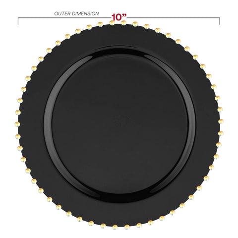 Black with Gold Pearl String Round Plastic Dinner Plates (10”)