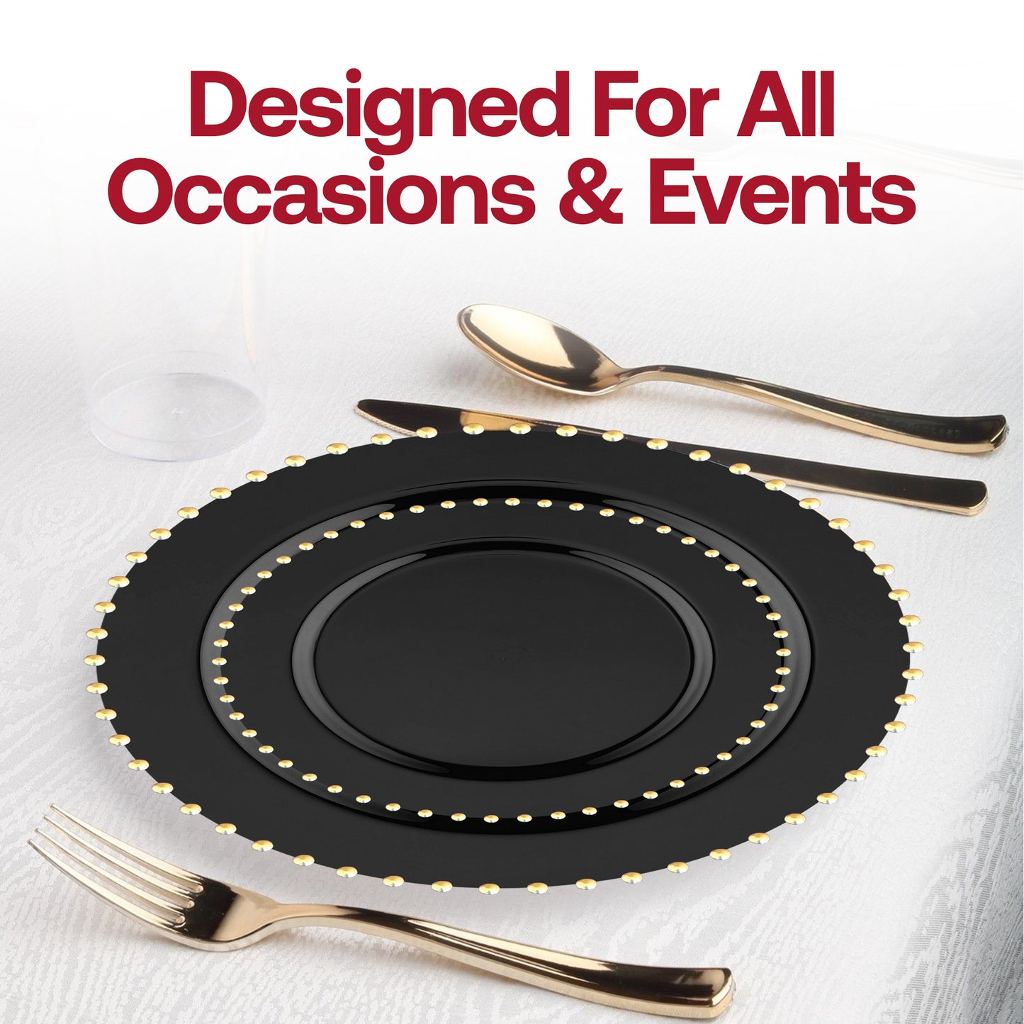Black with Gold Pearl String Round Plastic Dinner Plates (10”)