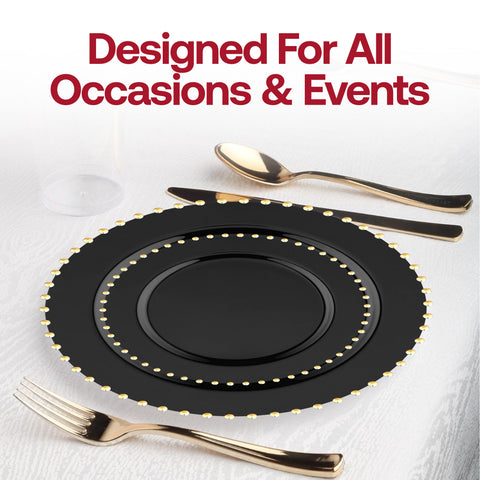 Black with Gold Pearl String Round Plastic Dinner Plates (10”)