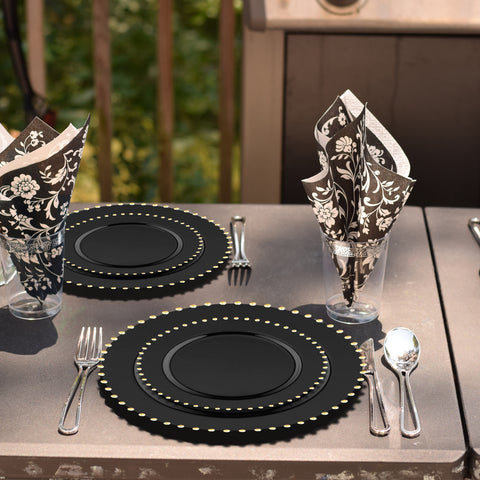 Black with Gold Pearl String Round Plastic Dinner Plates (10”)