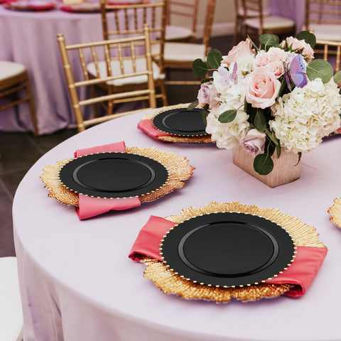 Black with Gold Pearl String Round Plastic Dinner Plates (10”)