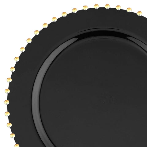 Black with Gold Pearl String Round Plastic Dinner Plates (10”)