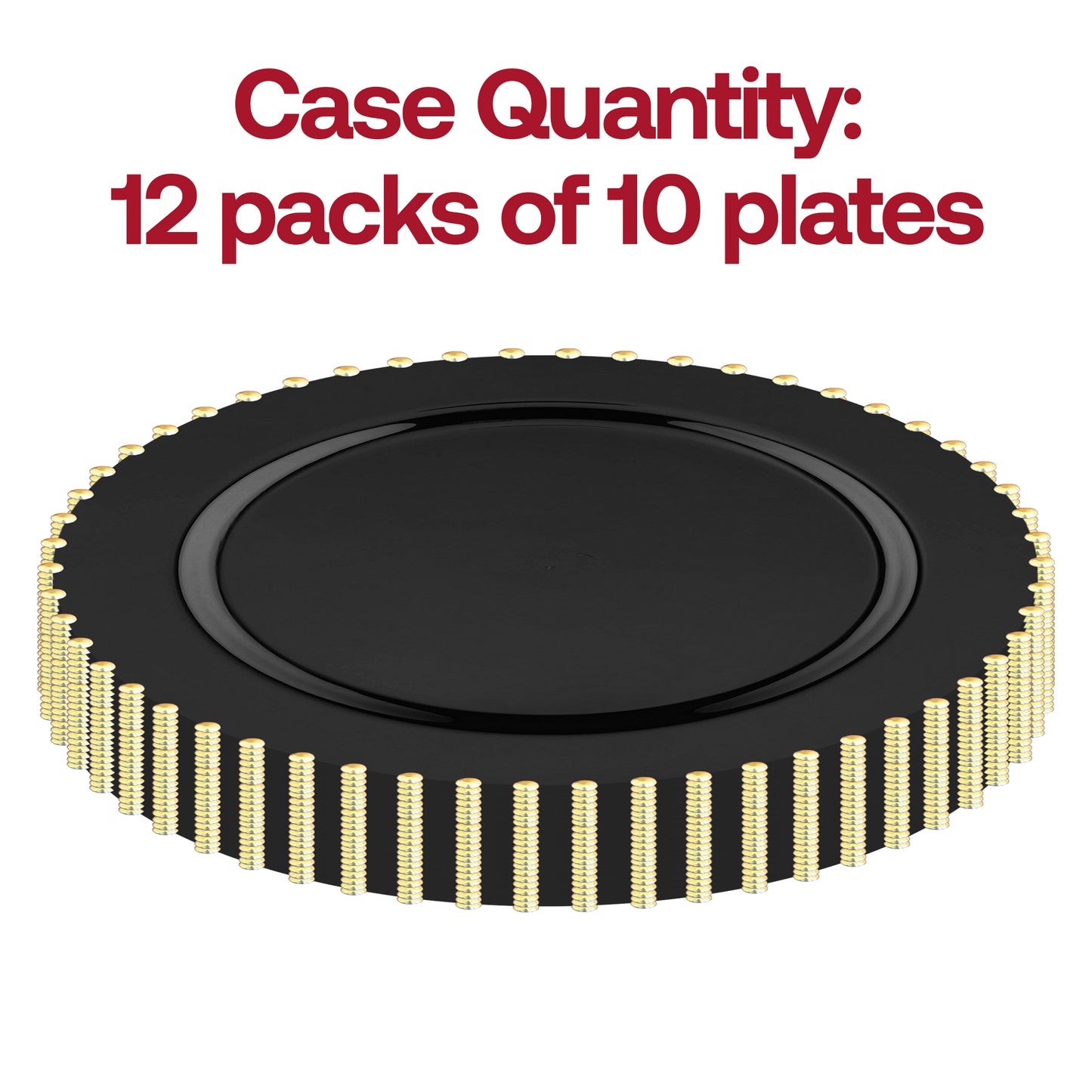 Black with Gold Pearl String Round Plastic Dinner Plates (10”)