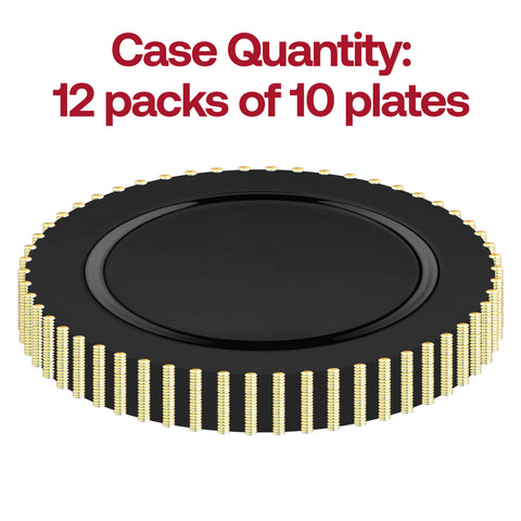 Black with Gold Pearl String Round Plastic Dinner Plates (10”)