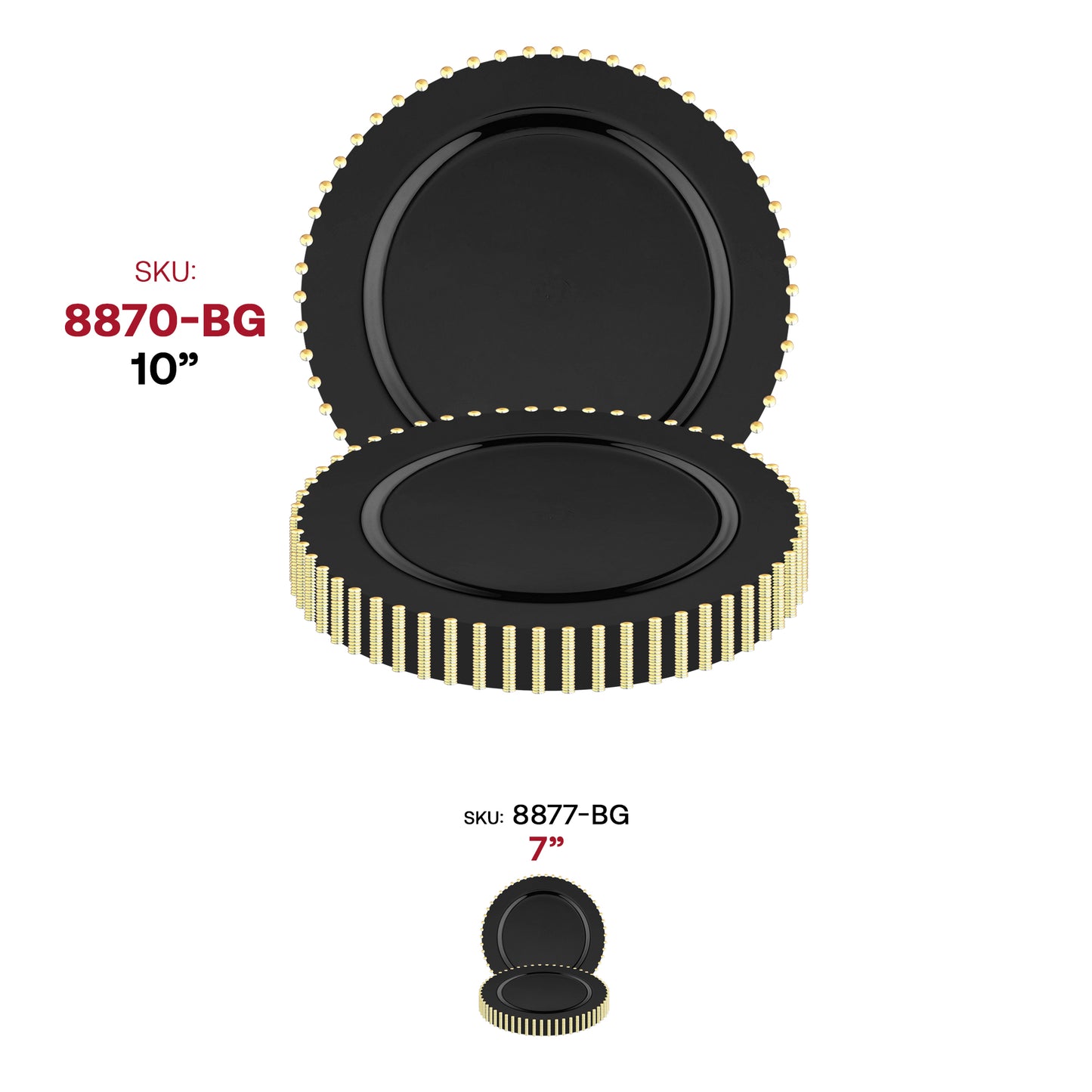 Black with Gold Pearl String Round Plastic Dinner Plates (10”)