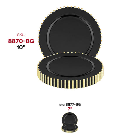 Black with Gold Pearl String Round Plastic Dinner Plates (10”)