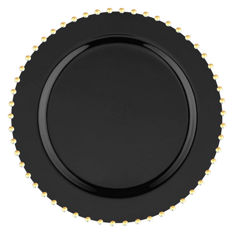 Black with Gold Pearl String Round Plastic Dinner Plates (10”)