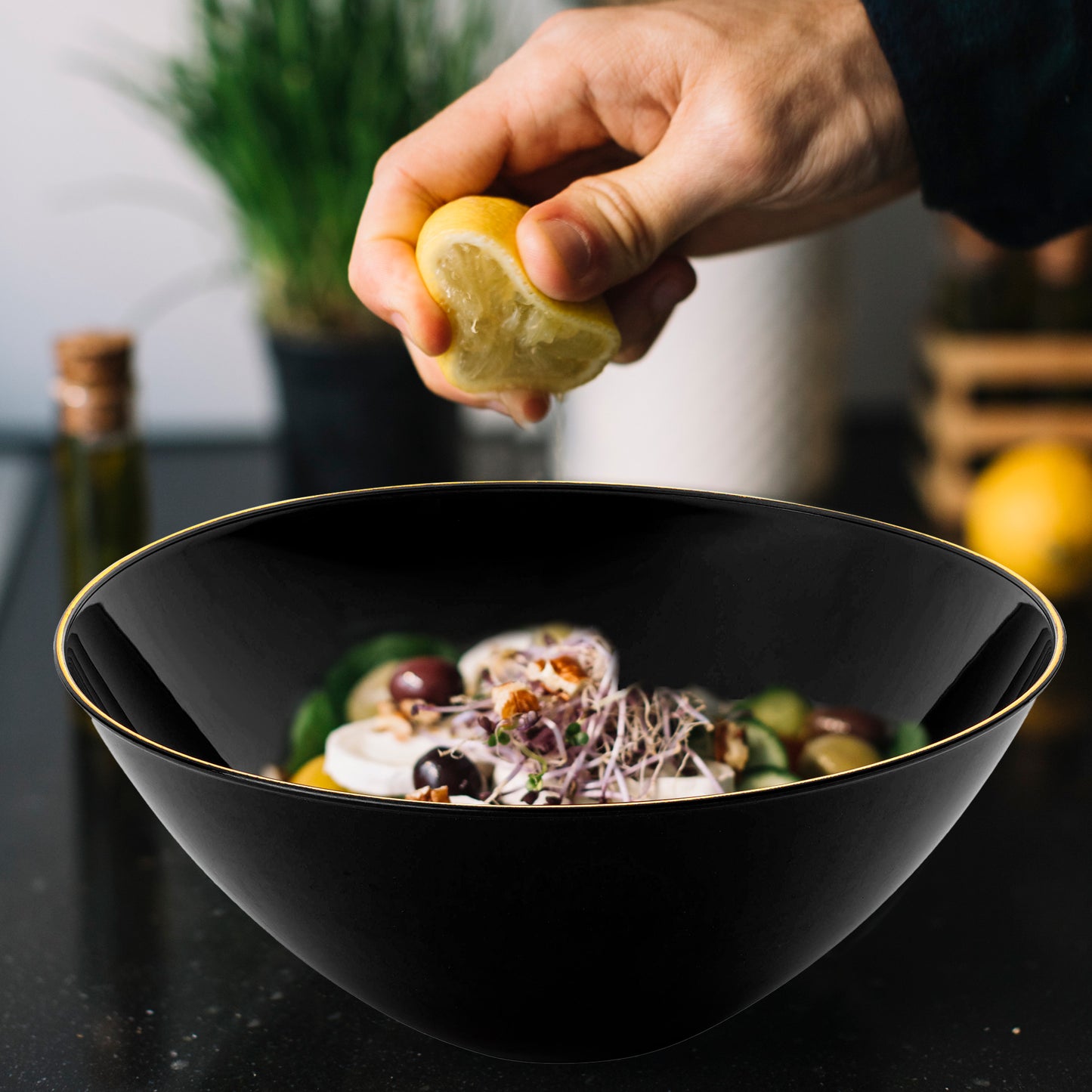 Black with Gold Rim Organic Round Plastic Bowls (32 oz.)