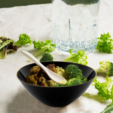 Black with Gold Rim Organic Round Plastic Bowls (32 oz.)