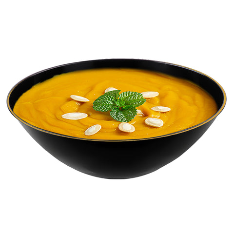 Black with Gold Rim Organic Round Plastic Bowls (32 oz.)