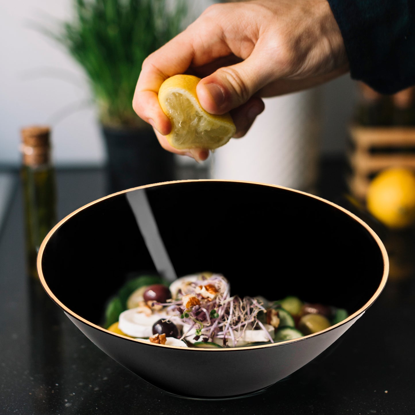 Black with Gold Rim Organic Round Plastic Dessert Bowls (6 oz.)