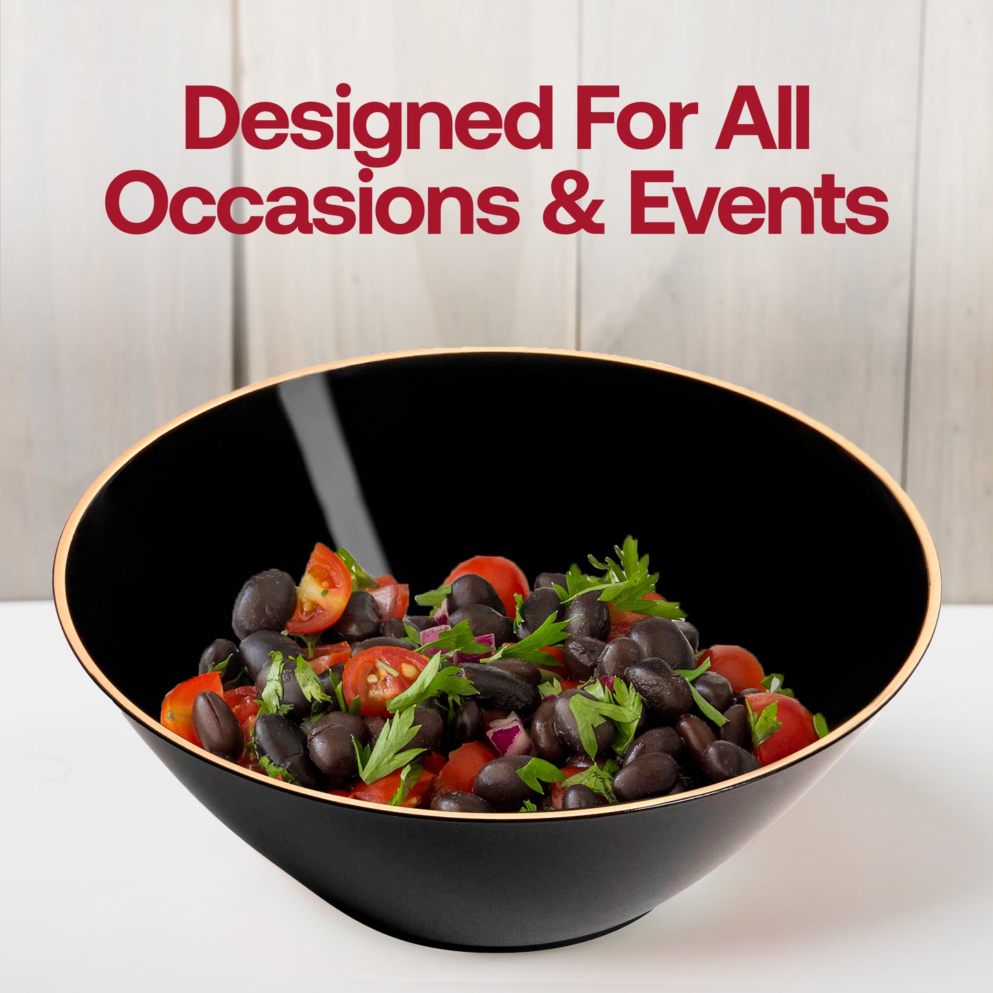 Black with Gold Rim Organic Round Disposable Plastic Dessert Bowls (6 oz.) Lifestyle | The Kaya Collection