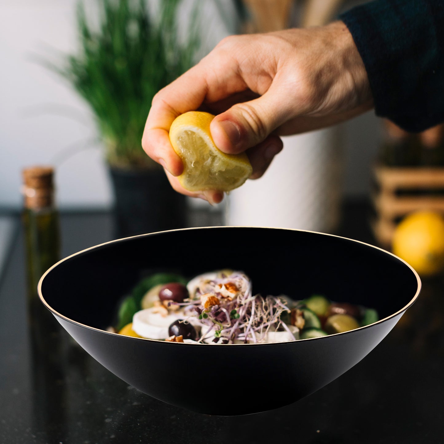 Black with Gold Rim Organic Round Plastic Soup Bowls (16 oz.)