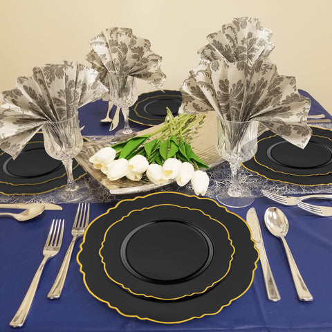 Black with Gold Rim Round Blossom Plastic Salad Plates (7.5