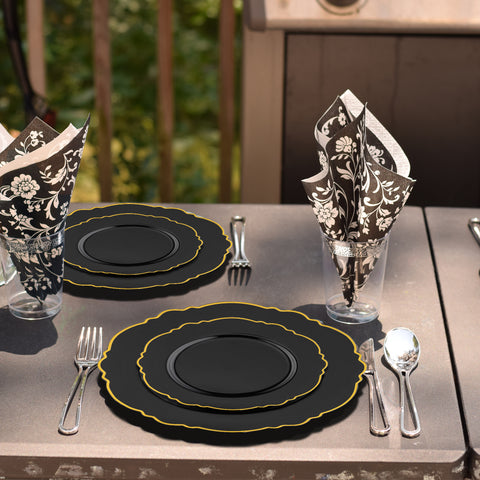Black with Gold Rim Round Blossom Plastic Salad Plates (7.5