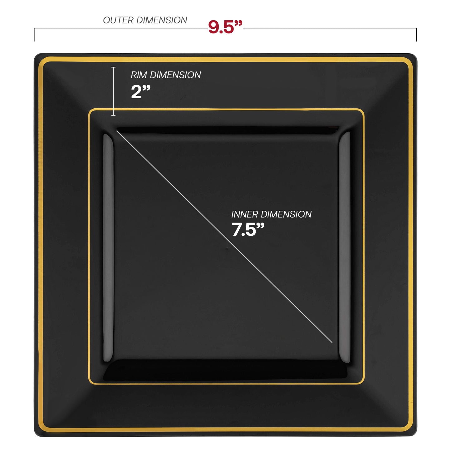 Black with Gold Square Edge Rim Disposable Plastic Dinner Plates (9.5")