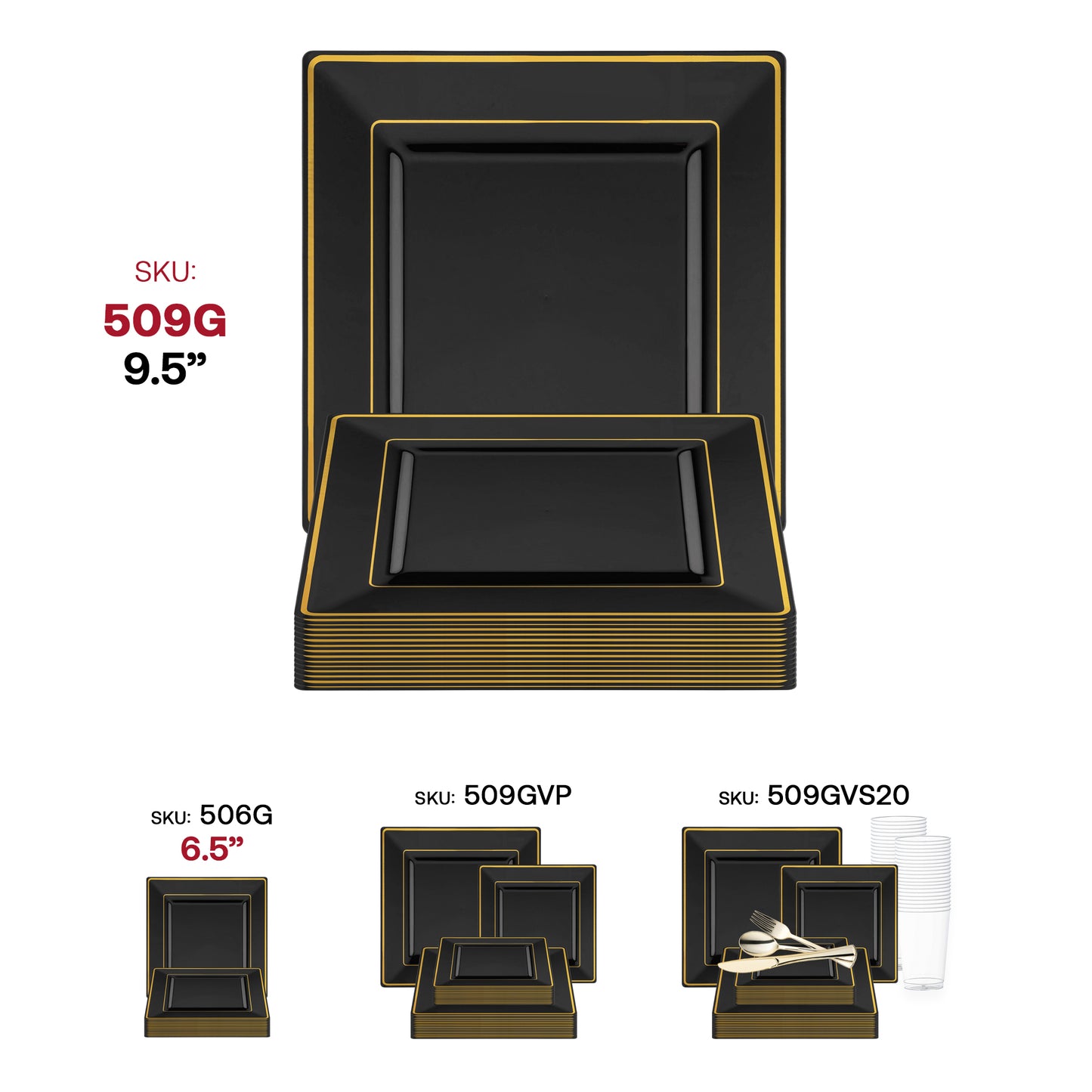 Black with Gold Square Edge Rim Disposable Plastic Dinner Plates (9.5")