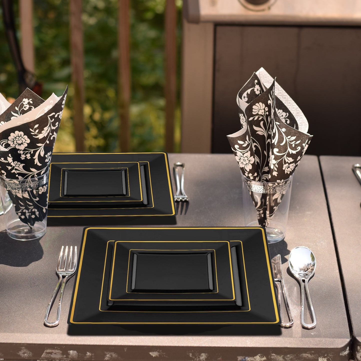 Black with Gold Square Edge Rim Plastic Salad Plates (6.5")