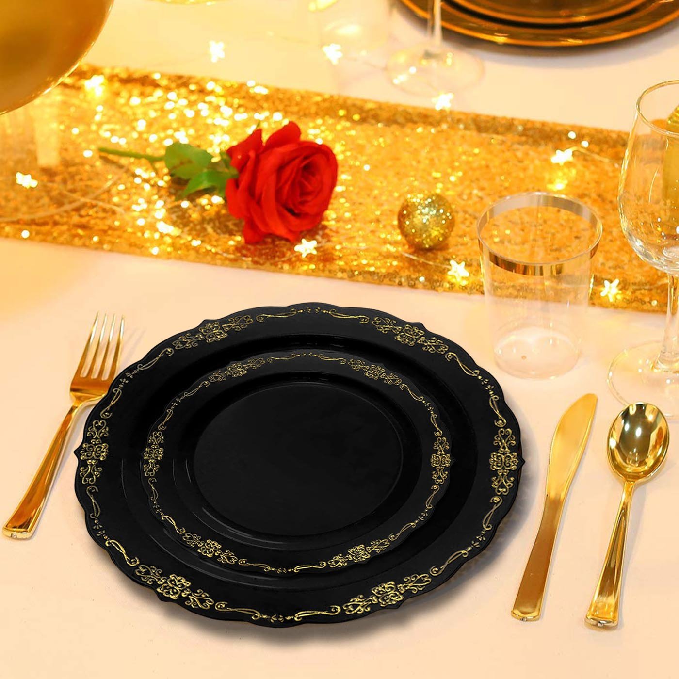 Black with Gold Vintage Round Disposable Plastic Salad Plates (7.5")