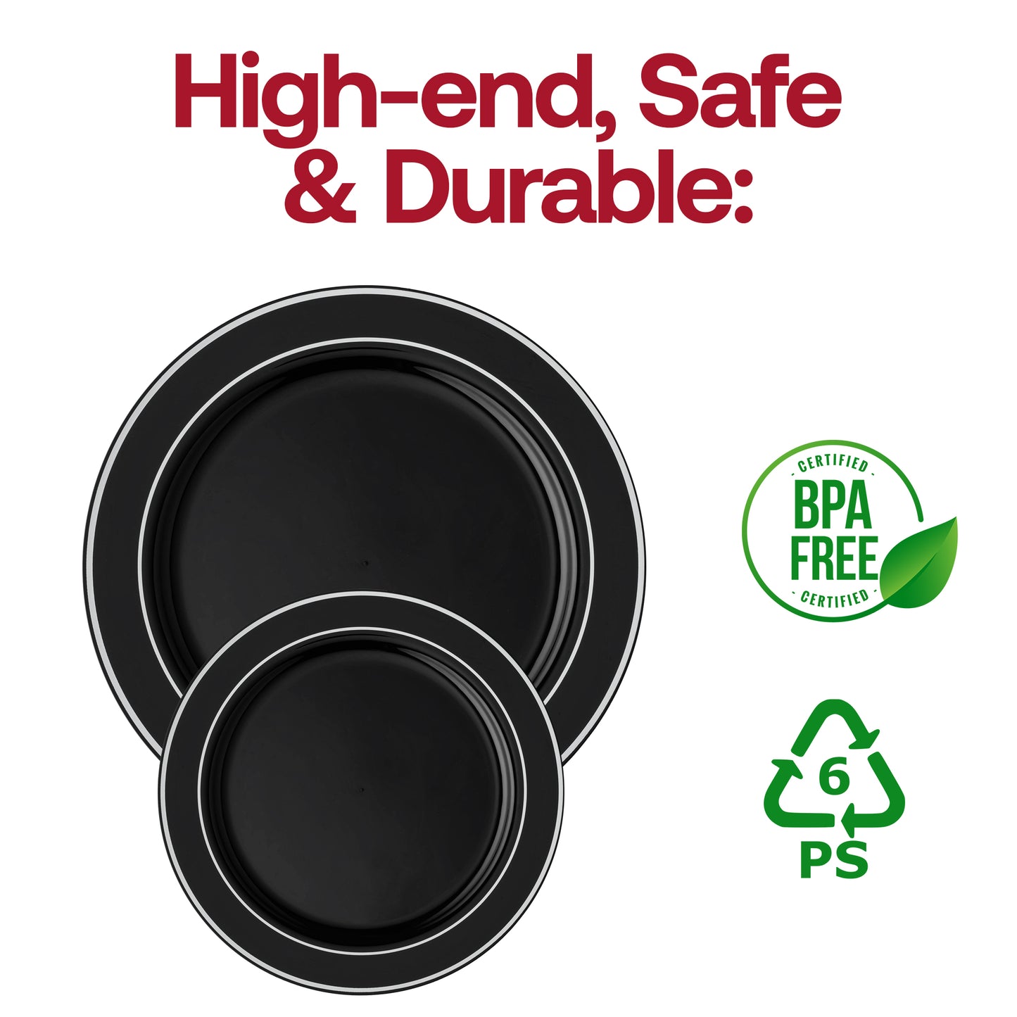 Black with Silver Edge Rim Plastic Appetizer/Salad Plates (7.5") BPA | The Kaya Collection