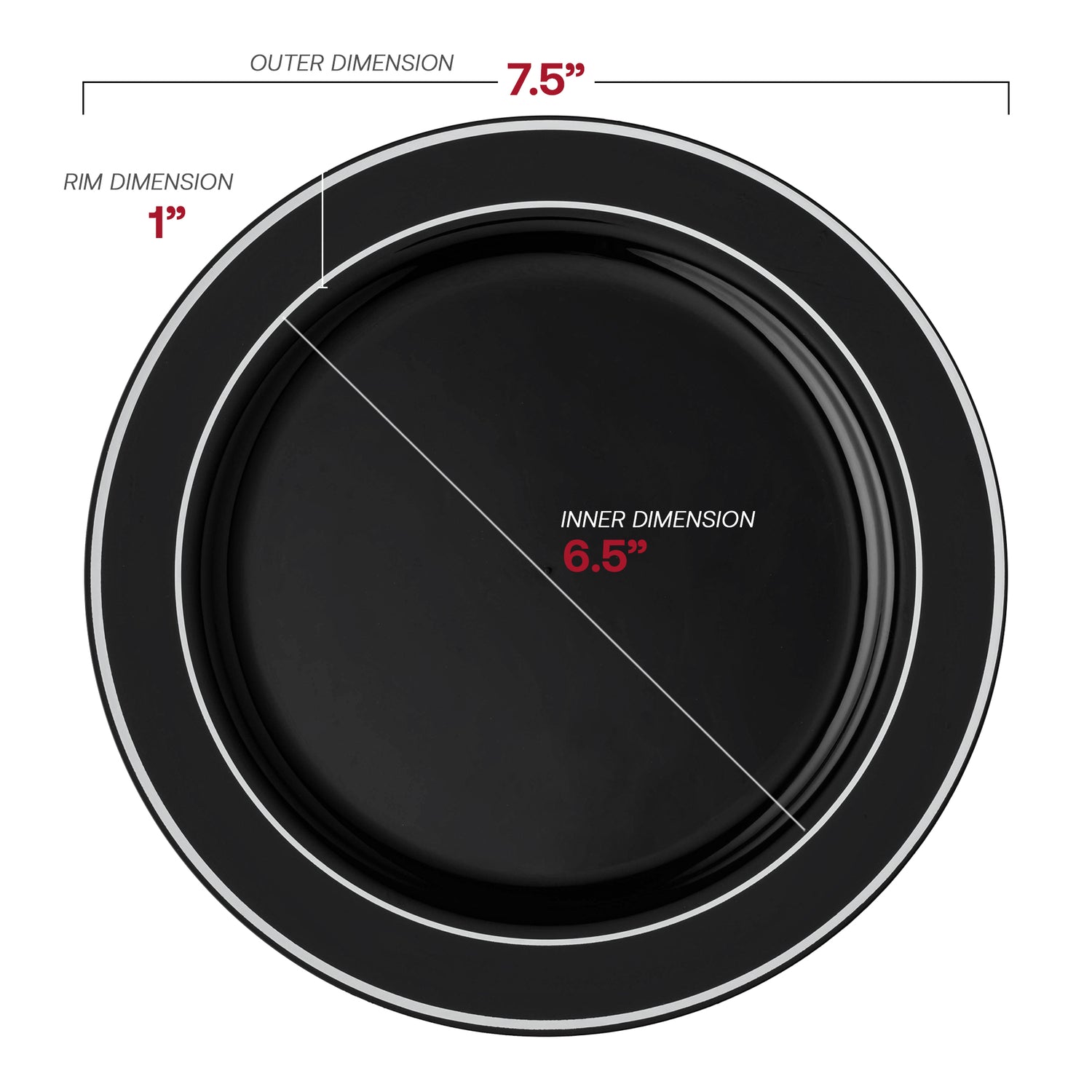 Black with Silver Edge Rim Plastic Appetizer/Salad Plates (7.5") Dimension | The Kaya Collection