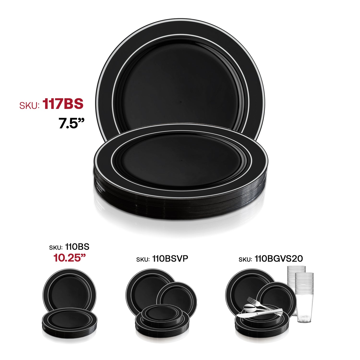 Black with Silver Edge Rim Plastic Appetizer/Salad Plates (7.5") SKU  | The Kaya Collection