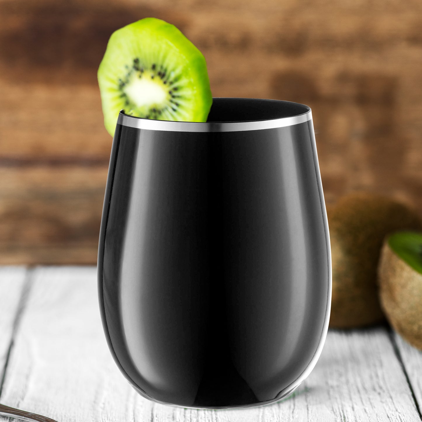 12 oz. Black with Silver Stemless Disposable Plastic Wine Glasses