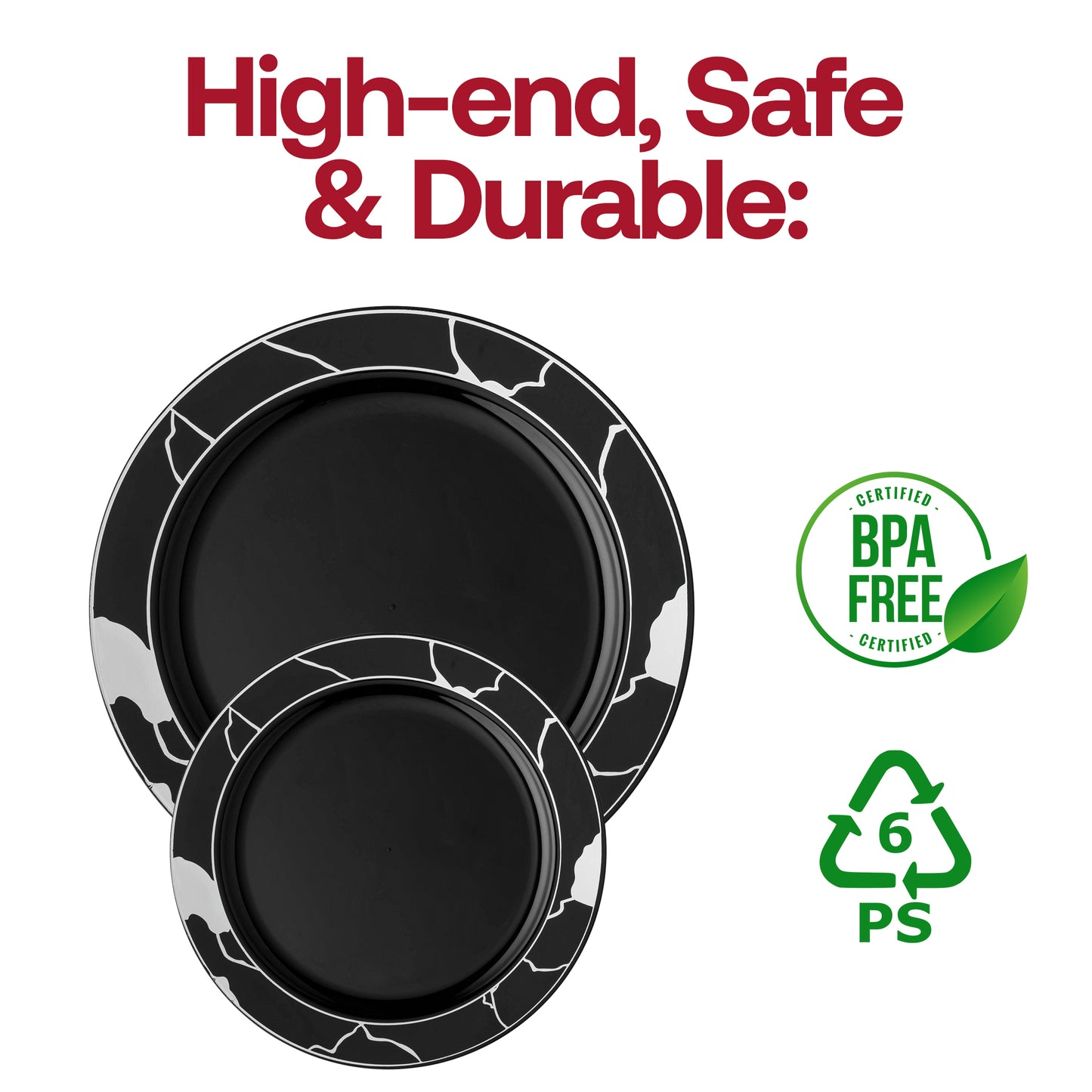 Black with Silver Marble Disposable Plastic Appetizer/Salad Plates (7.5") BPA | The Kaya Collection