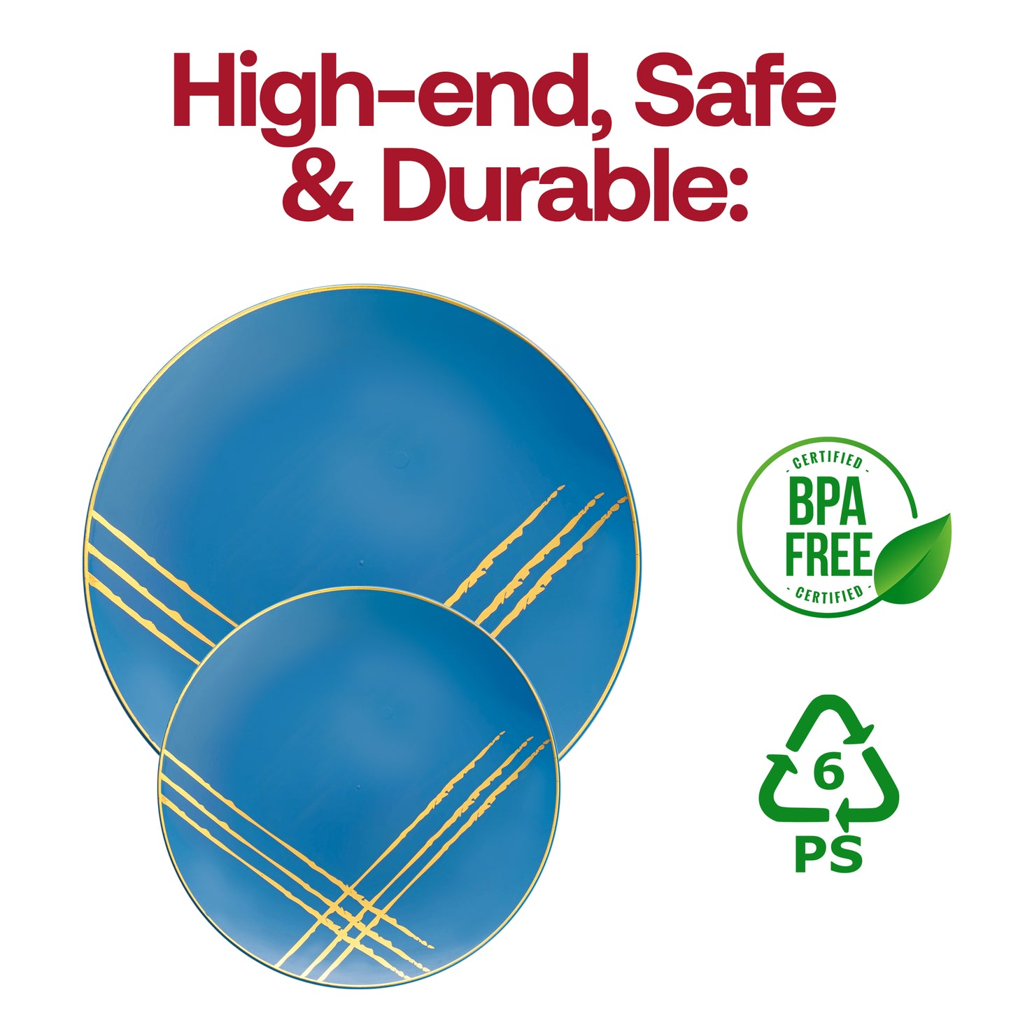 Blue with Gold Brushstroke Round Disposable Plastic Dinner Plates (10.25") BPA | The Kaya Collection
