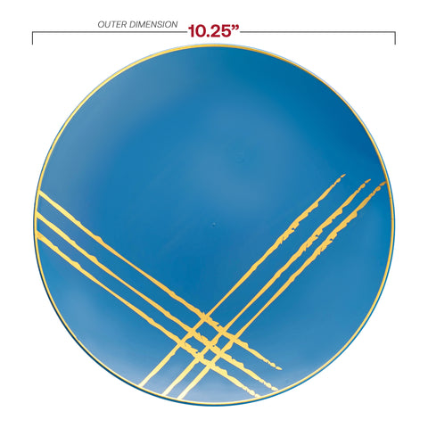 Blue with Gold Brushstroke Round Disposable Plastic Dinner Plates (10.25