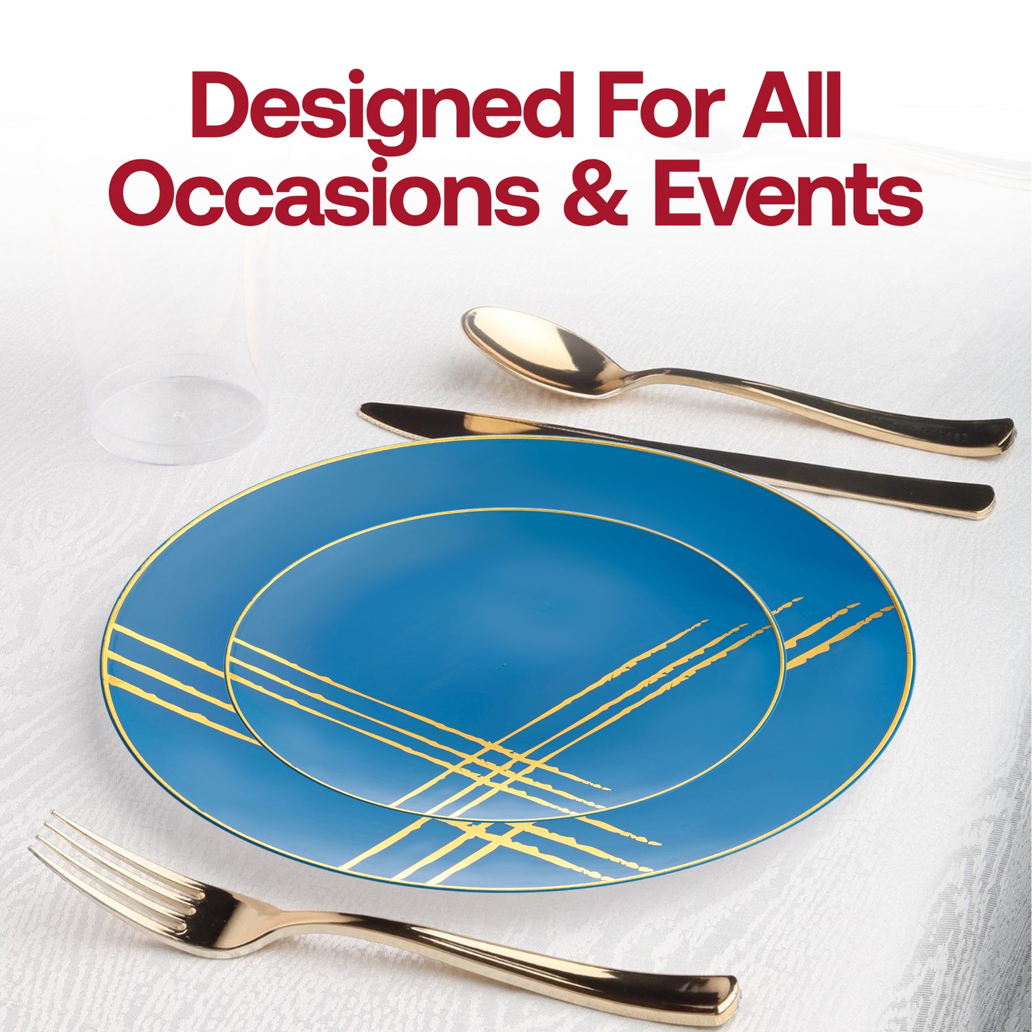 Blue with Gold Brushstroke Round Disposable Plastic Dinner Plates (10.25") Lifestyle | The Kaya Collection