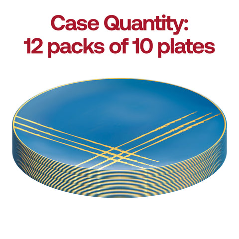 Blue with Gold Brushstroke Round Disposable Plastic Dinner Plates (10.25