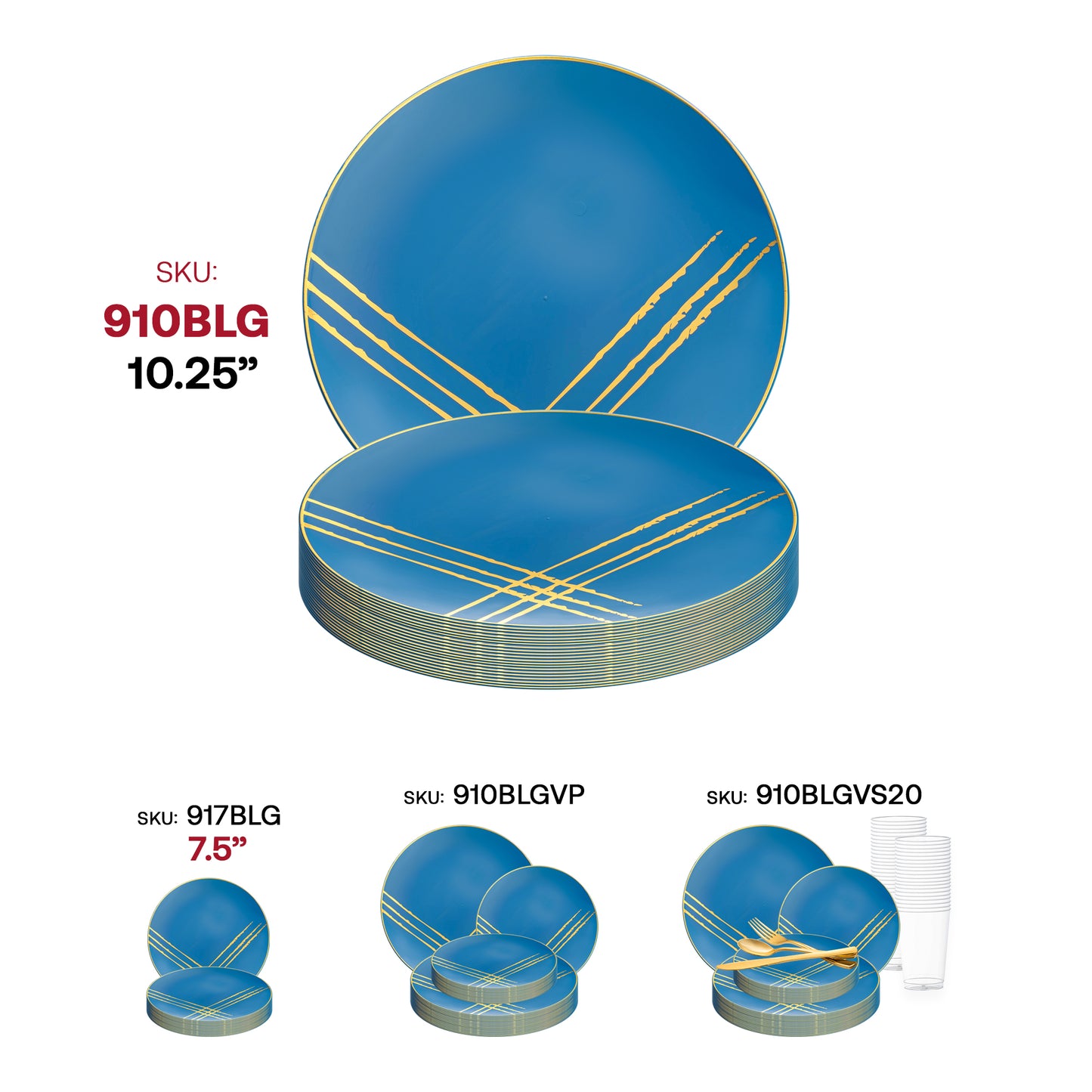 Blue with Gold Brushstroke Round Disposable Plastic Dinner Plates (10.25") SKU | The Kaya Collection