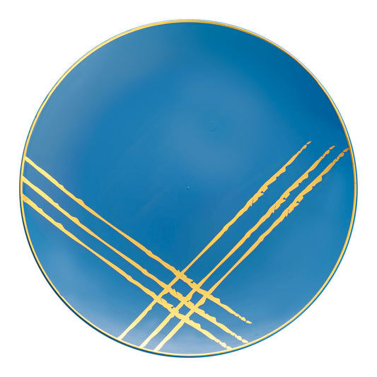 Blue with Gold Brushstroke Round Disposable Plastic Dinner Plates (10.25") | The Kaya Collection