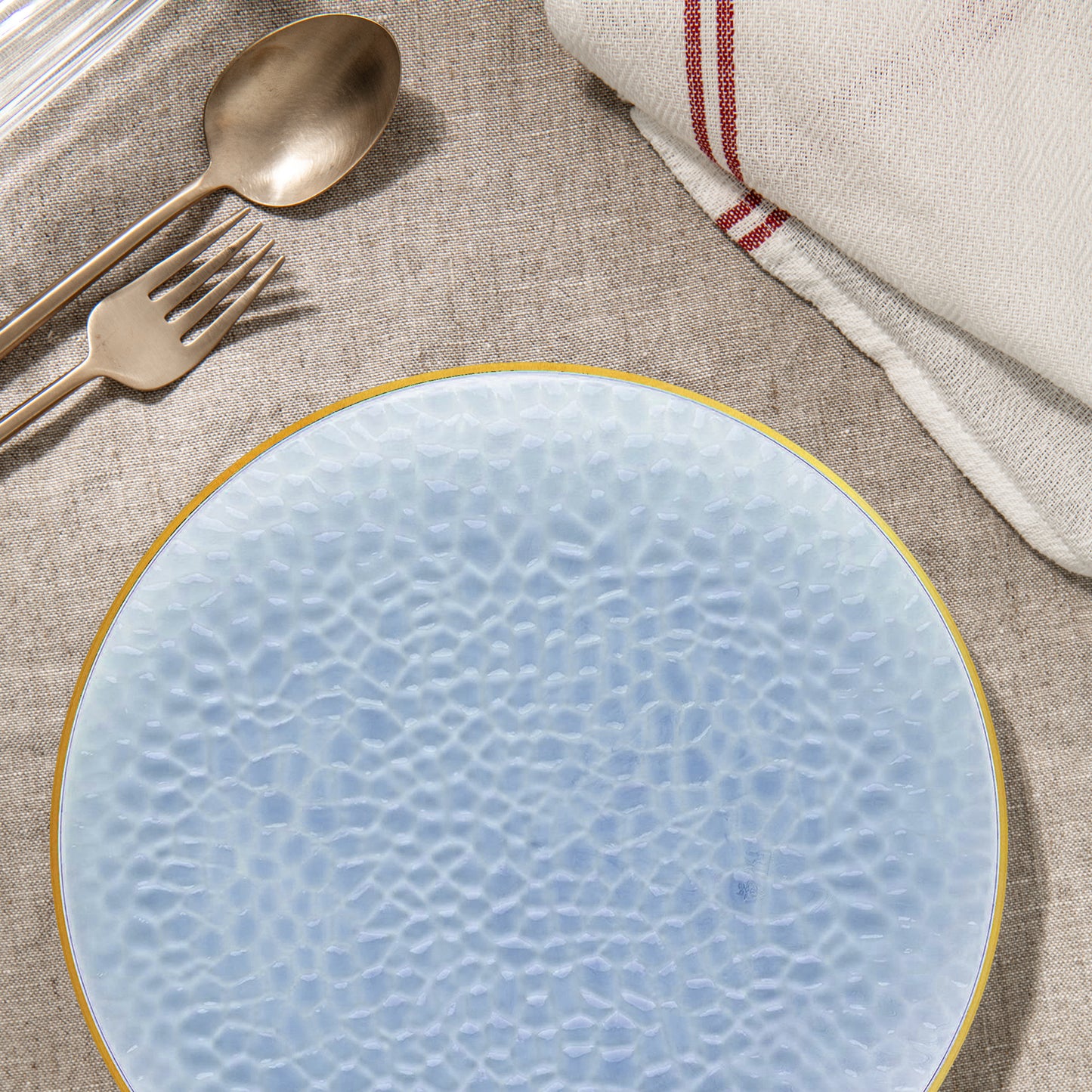Clear Blue with Gold Rim Hammered Glass Plastic Dinner Plates (10.25")