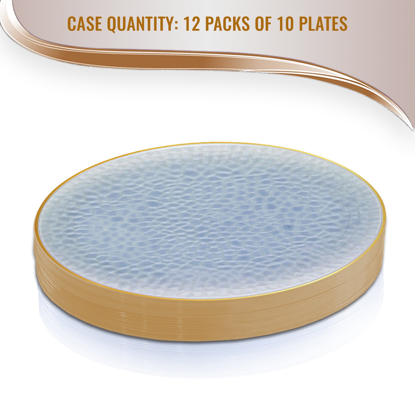 Clear Blue with Gold Rim Hammered Glass Plastic Dinner Plates (10.25")