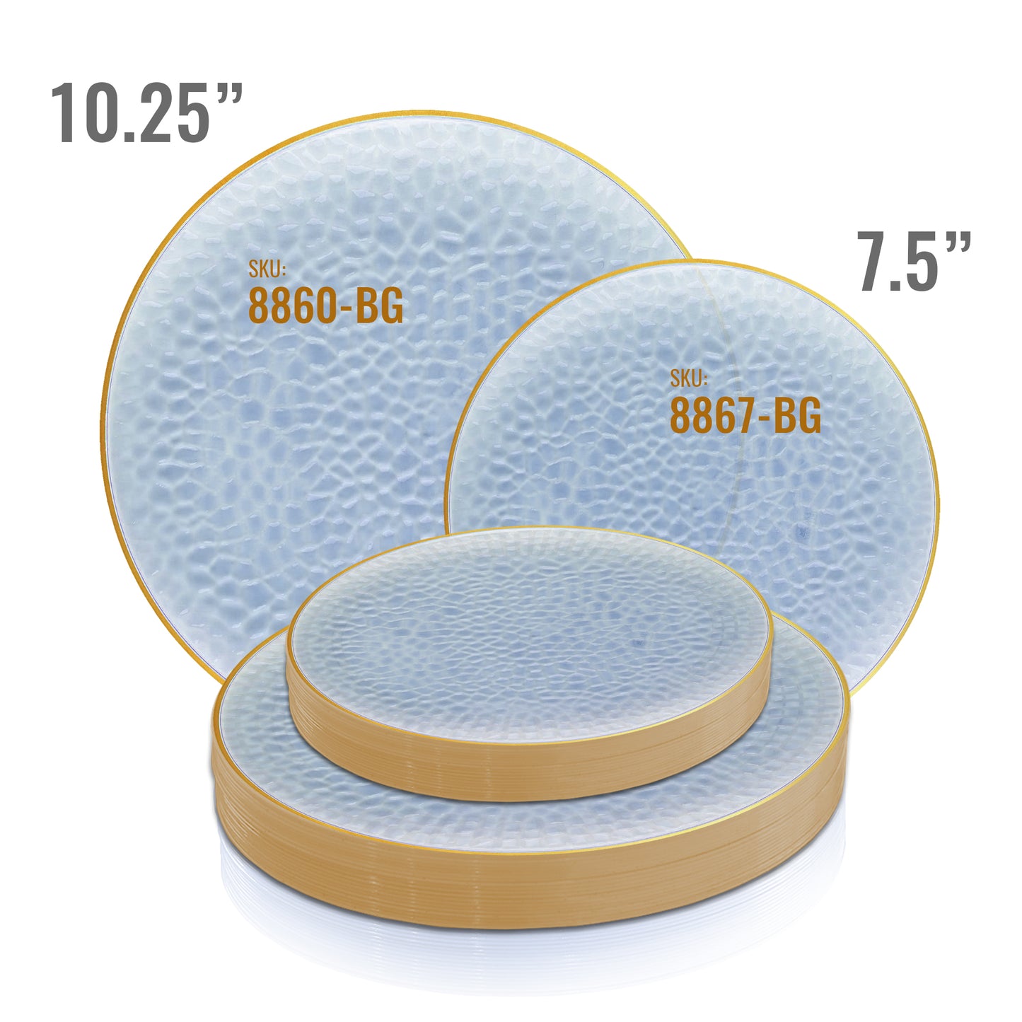 Clear Blue with Gold Rim Hammered Glass Plastic Dinner Plates (10.25")