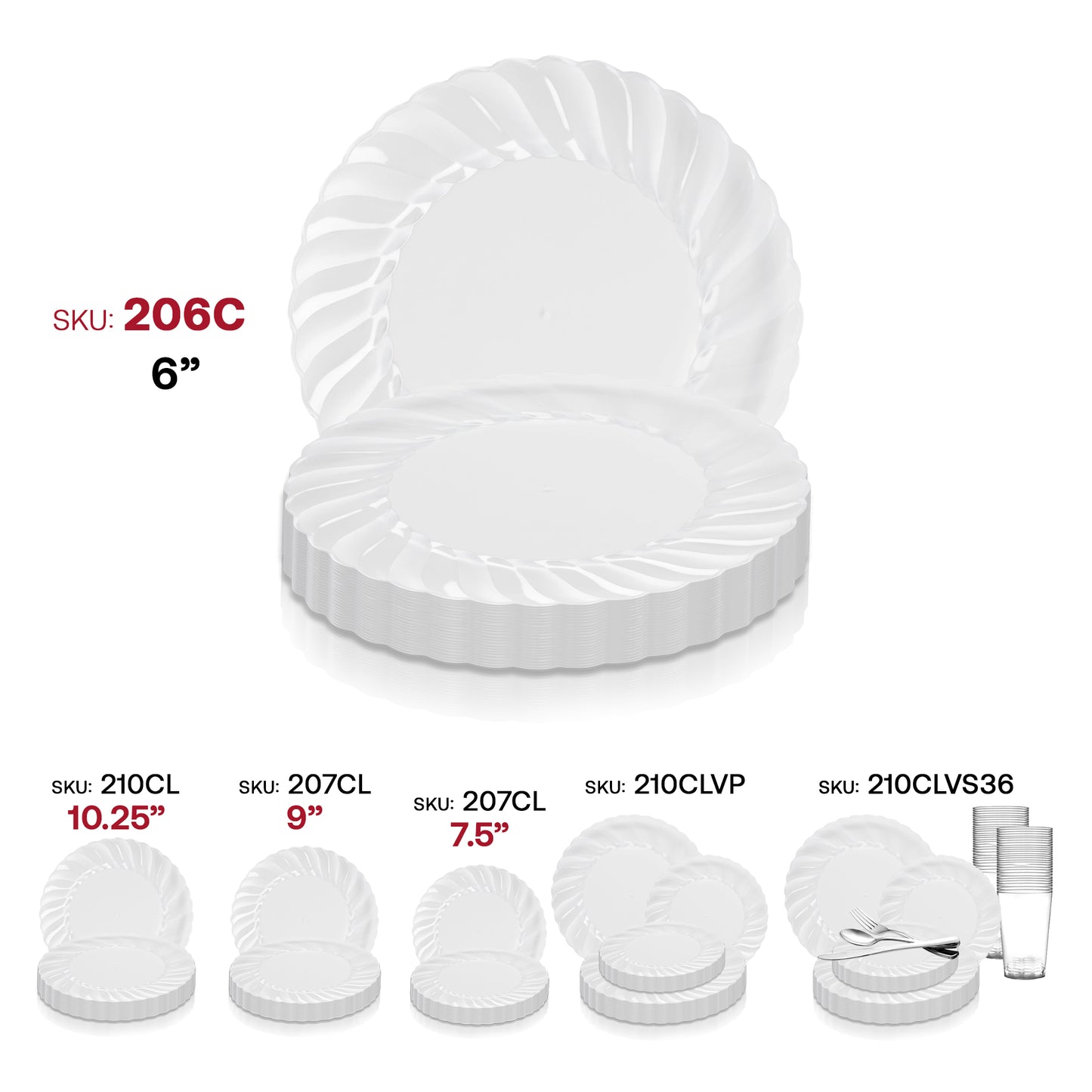 Image displaying various sizes of disposable plates and cups. The largest plate, an elegant disposable plate labeled "SKU: 210CL," measures 10.25 inches, while the smallest, a Clear Flair Disposable Plastic Pastry Plate (6") labeled "SKU: 206C," measures 6 inches. Additional sizes and cups are shown at the bottom.