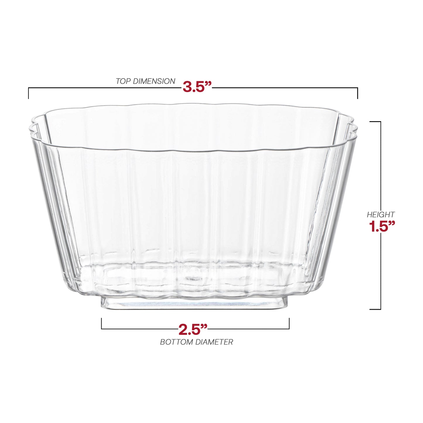 5.5 oz. Clear Fluted Rectangular Plastic Disposable Pudding Cups Dimension | The Kaya Collection