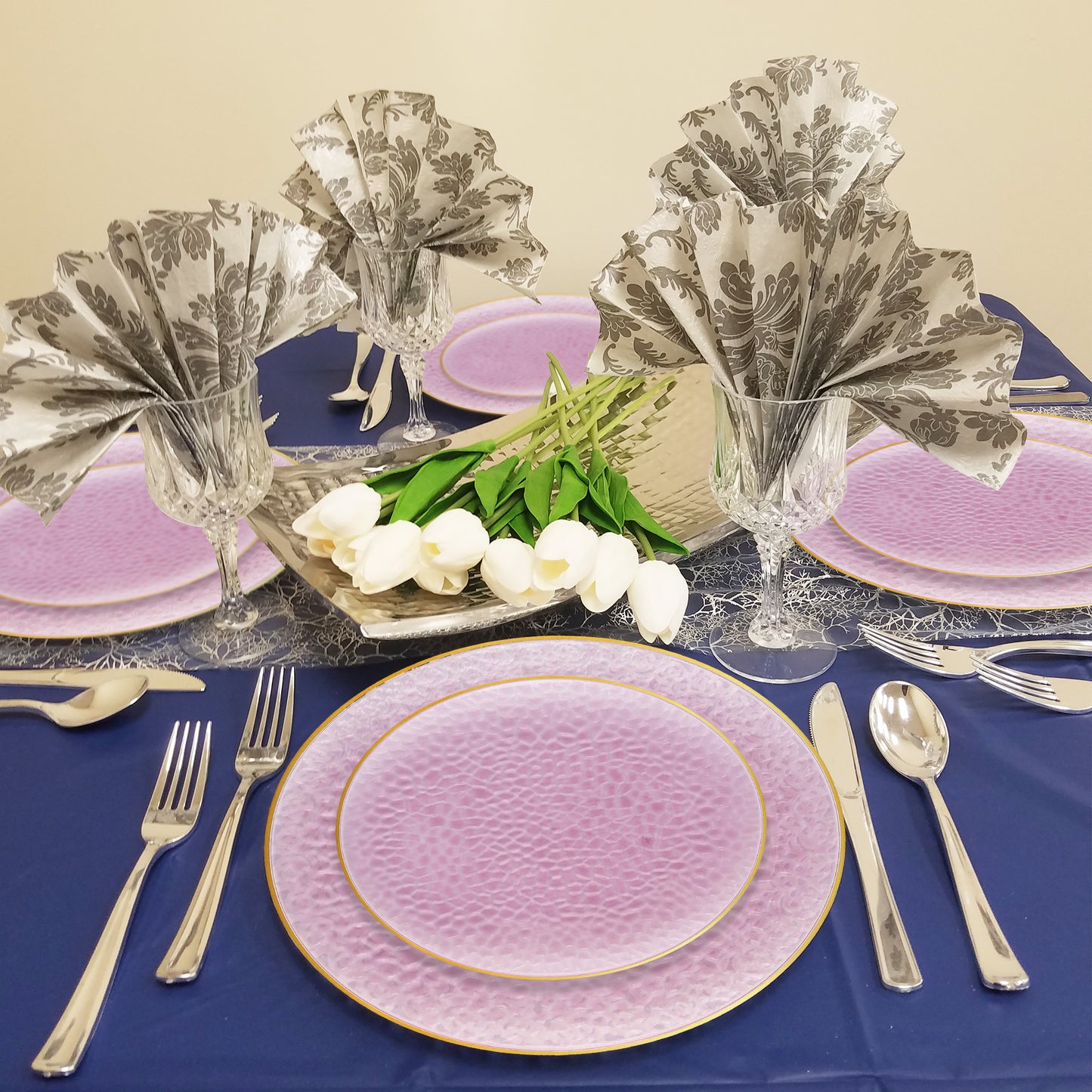 Clear Pink with Gold Rim Hammered Glass Plastic Dinner Plates (10.25")