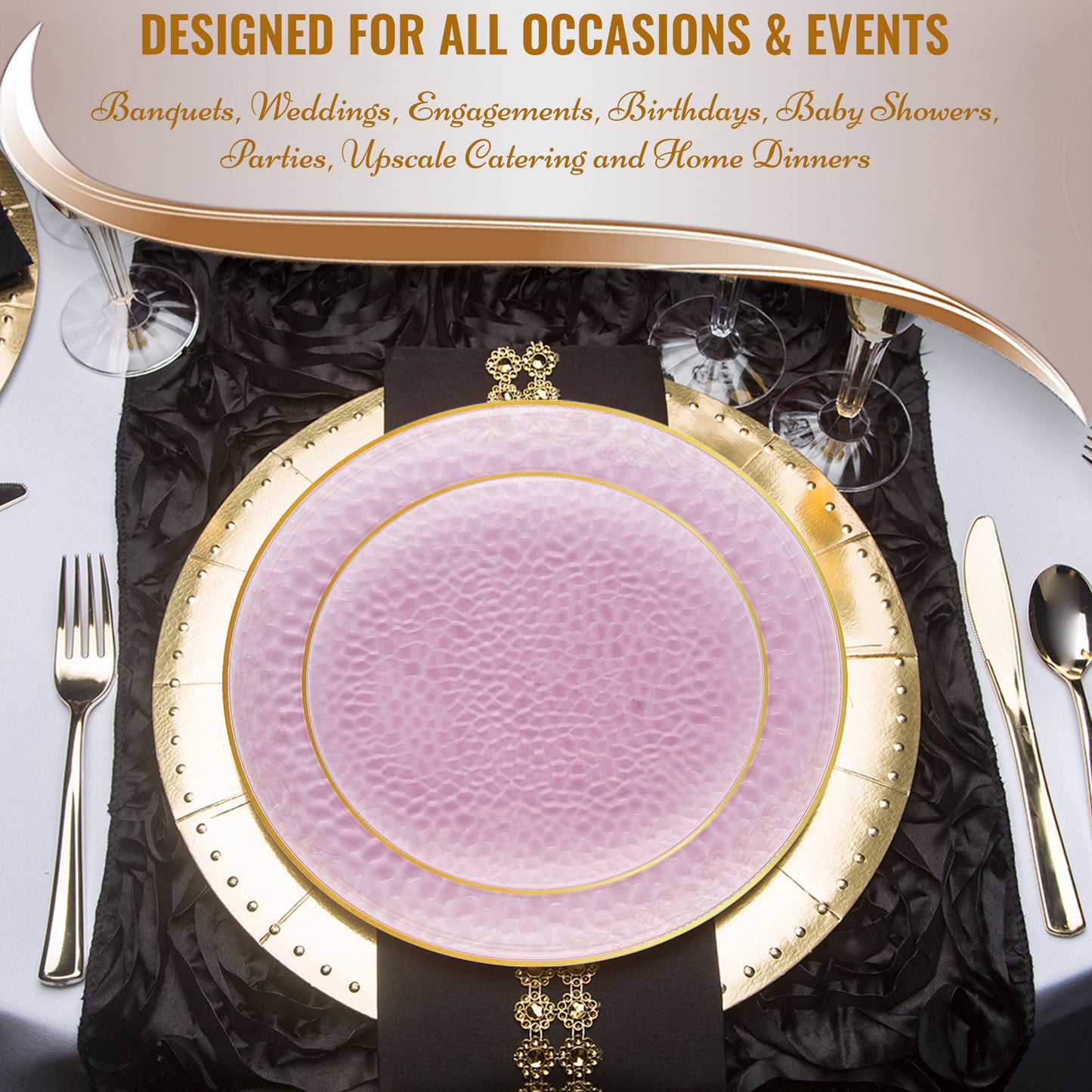 Clear Pink with Gold Rim Hammered Glass Plastic Dinner Plates (10.25")