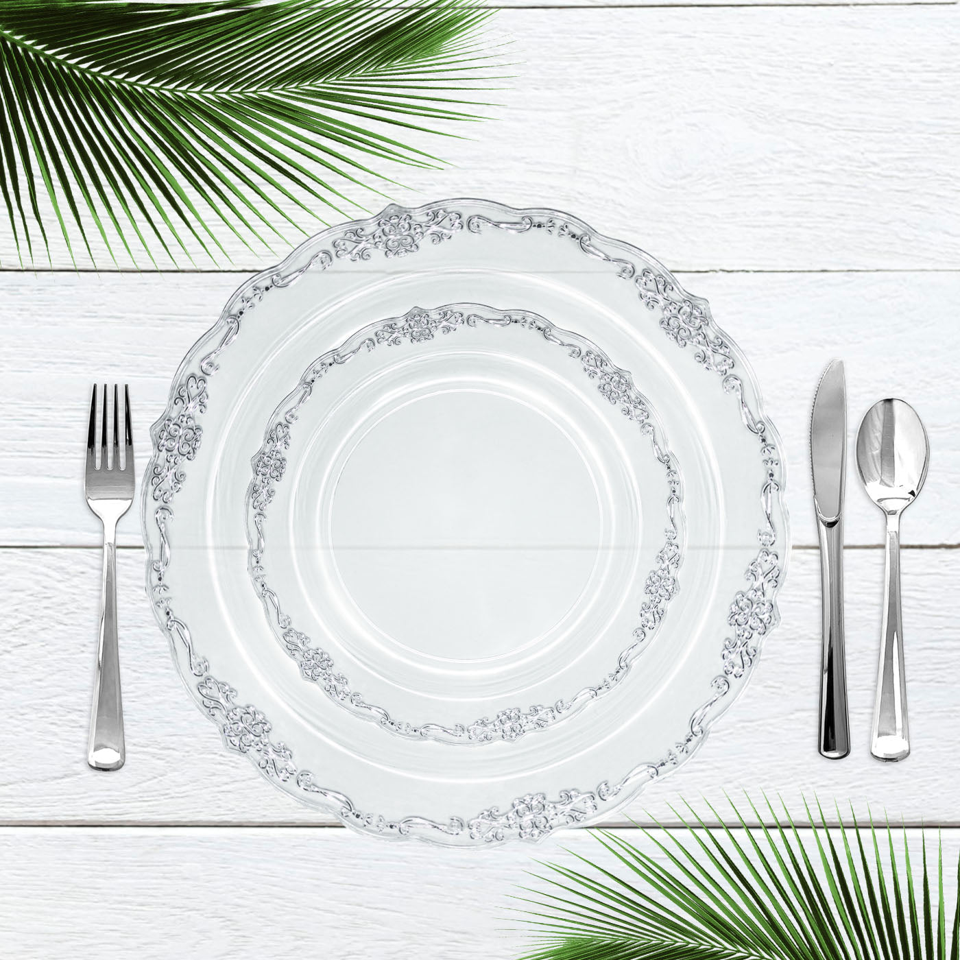Clear with Silver Vintage Rim Round Plastic Disposable Dinner Plates (10")