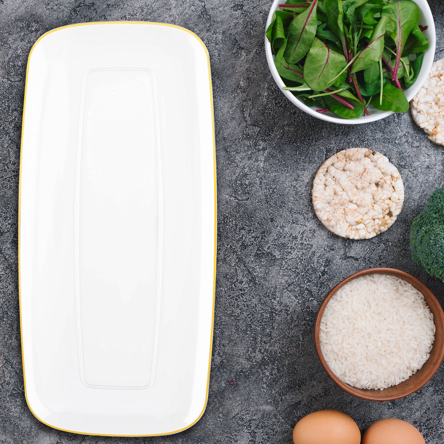 Clear with Gold Rim Flat Raised Edge Rectangular Plastic Plates (10.6" x 5")