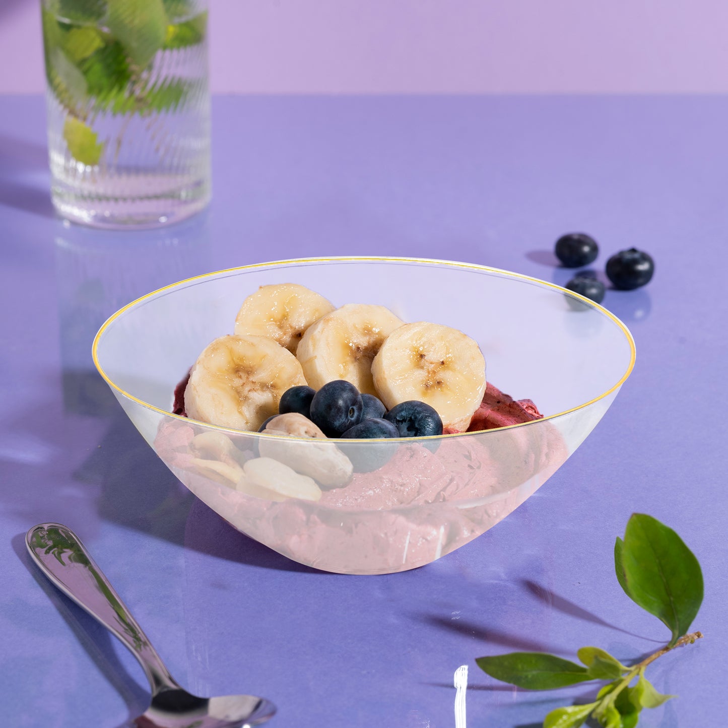 Clear with Gold Rim Organic Round Plastic Bowls (32 oz.)