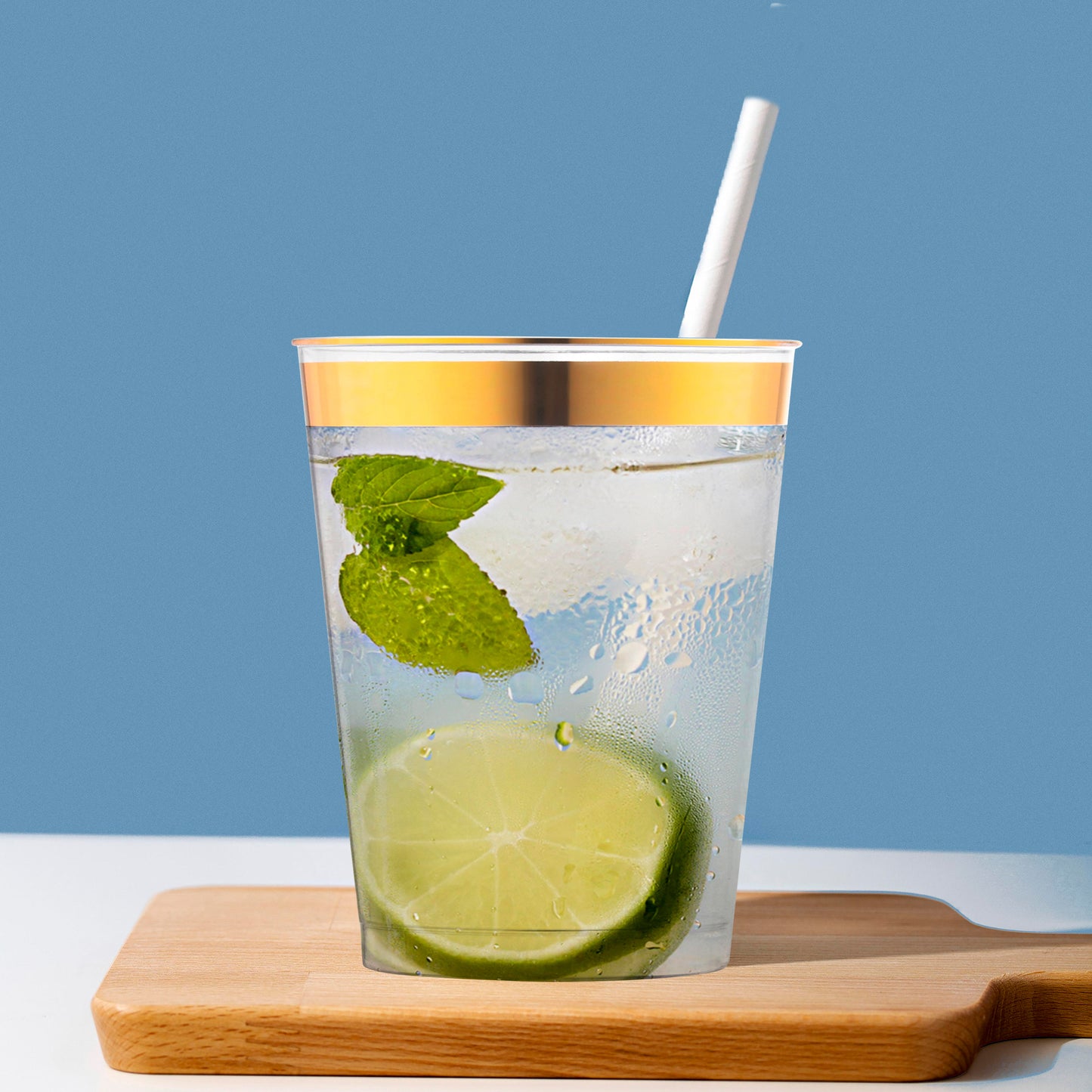 10 oz. Clear with Gold Rim Round Disposable Plastic Tumblers