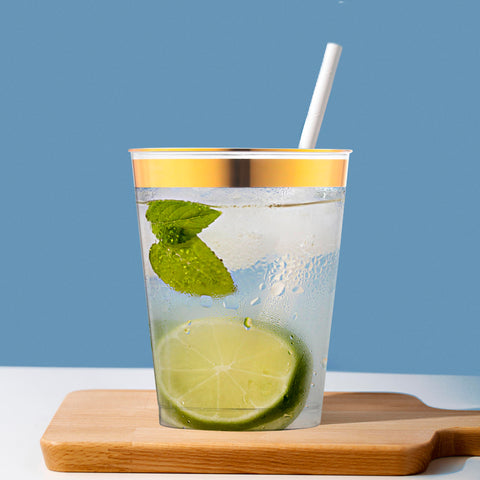 10 oz. Clear with Gold Rim Round Disposable Plastic Tumblers
