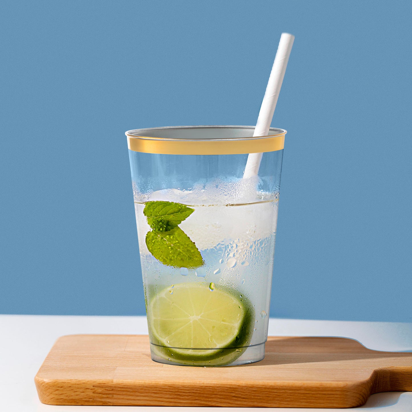 12 oz. Clear with Metallic Gold Rim Round Disposable Plastic Tumbler