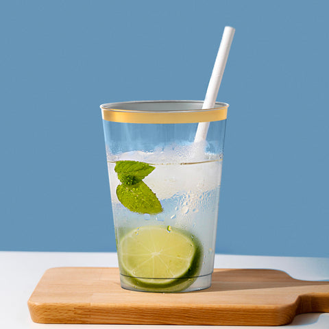 12 oz. Clear with Metallic Gold Rim Round Disposable Plastic Tumbler